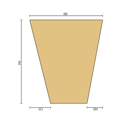 Träfärgad trapetsformad skiva visad som diagram med måttlinjer markerade med A, B, C och D